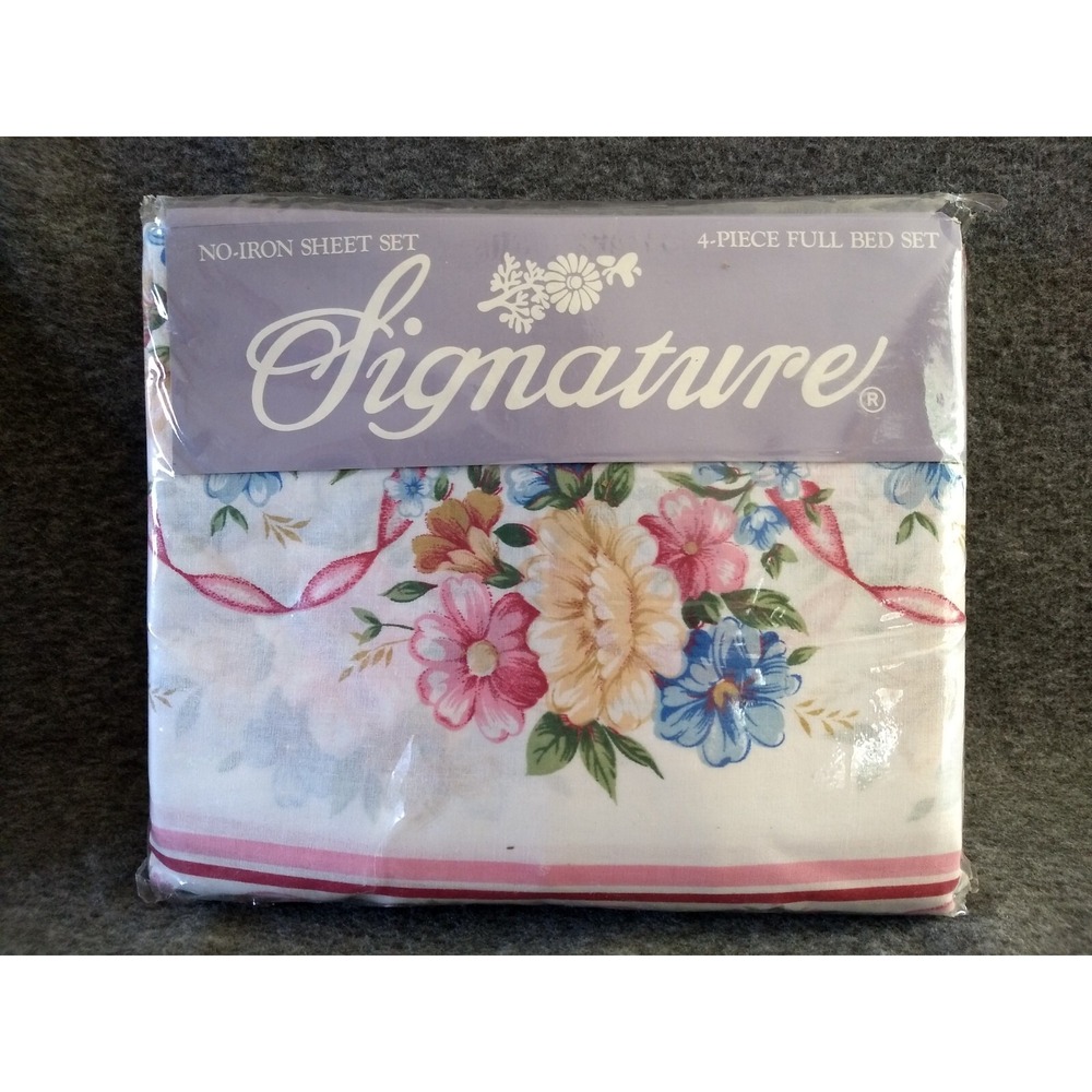 Signature Full Sheet Set 4Pc Flat Fitted 2 Pillowcases Flora Blue Pink‎ Vtg NOS